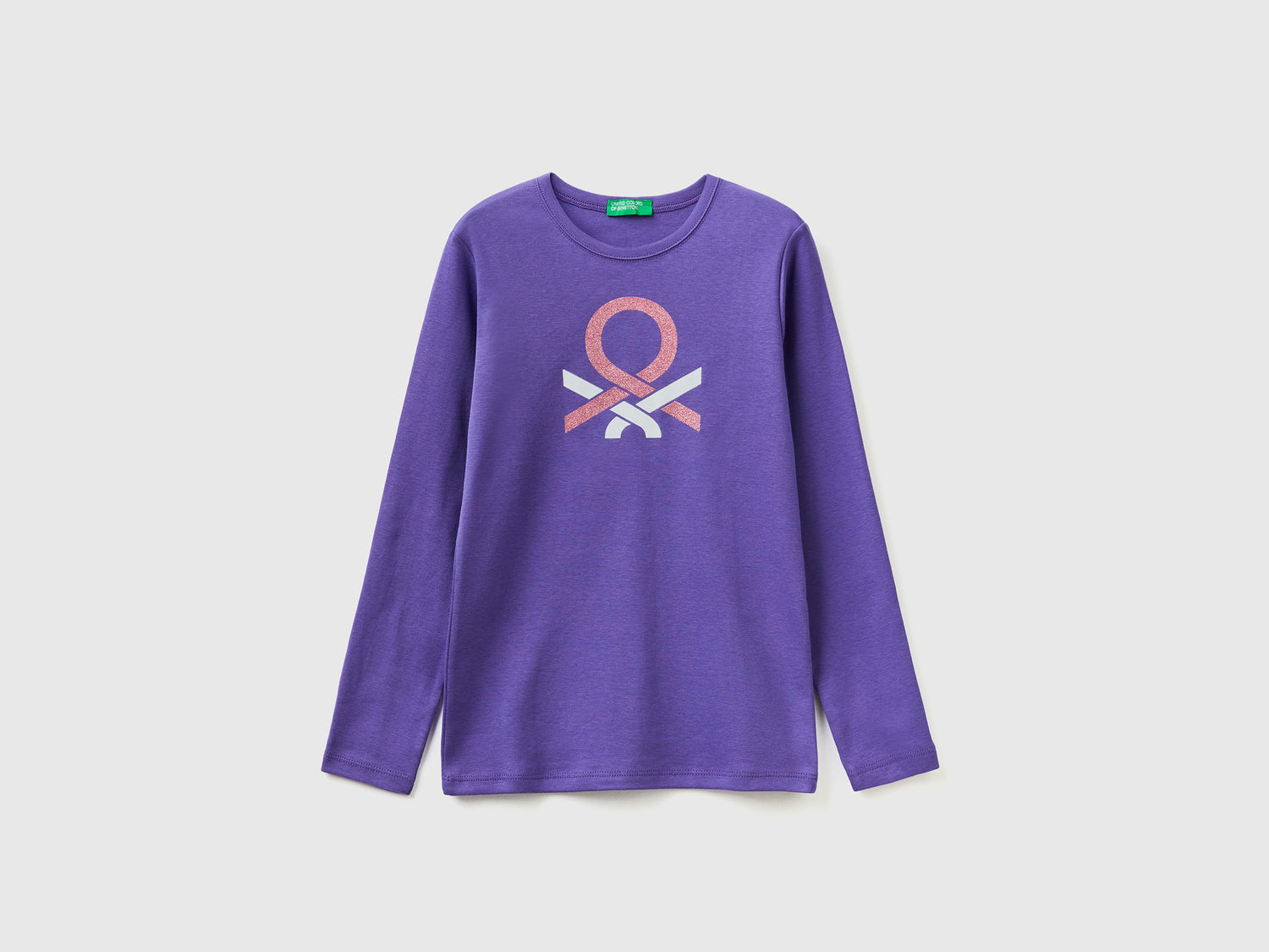 T-shirt manica lunga con stampa glitter da bambina viola | Benetton Outlet