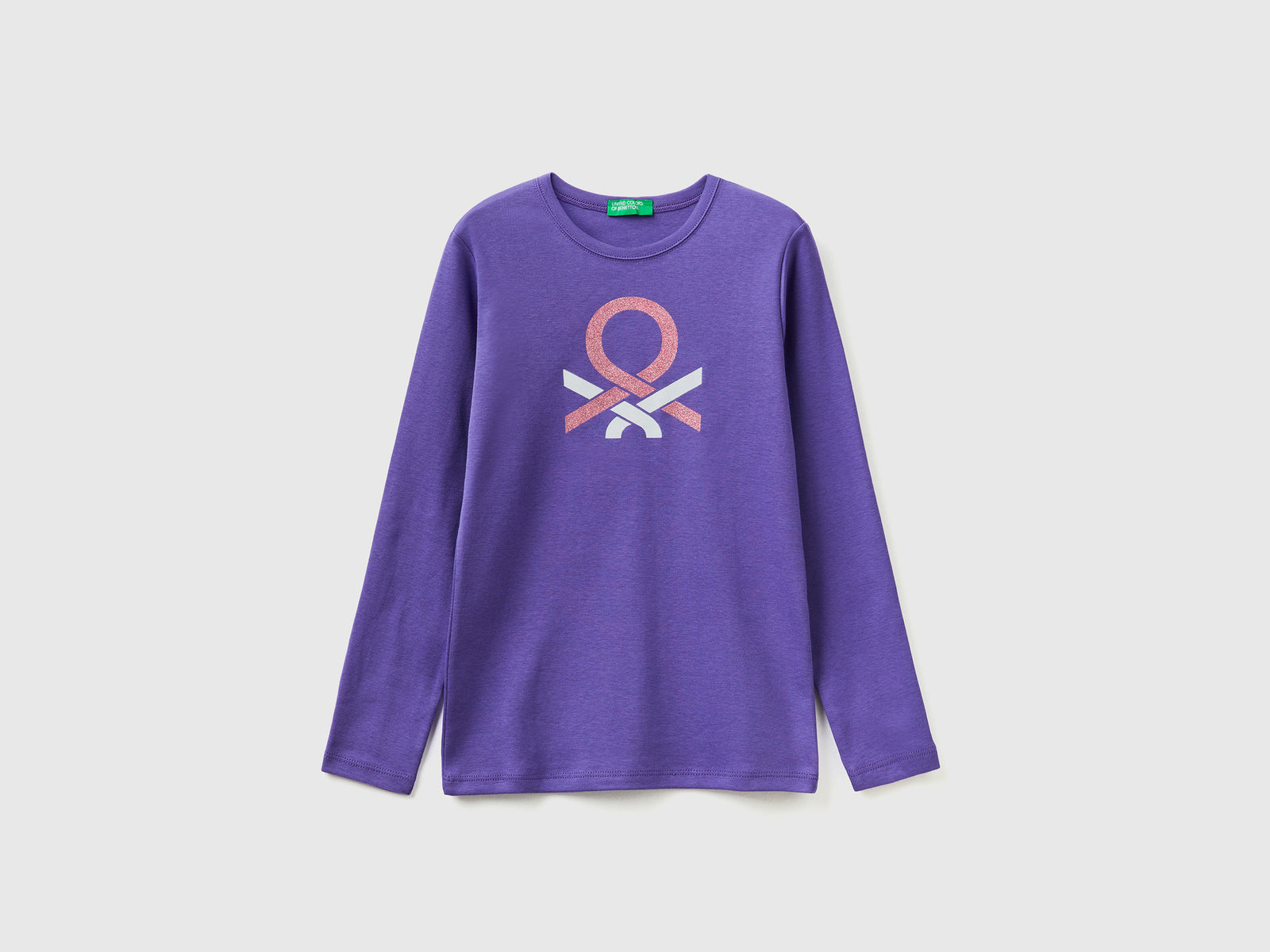 T-shirt manica lunga con stampa glitter da bambina viola | Benetton Outlet