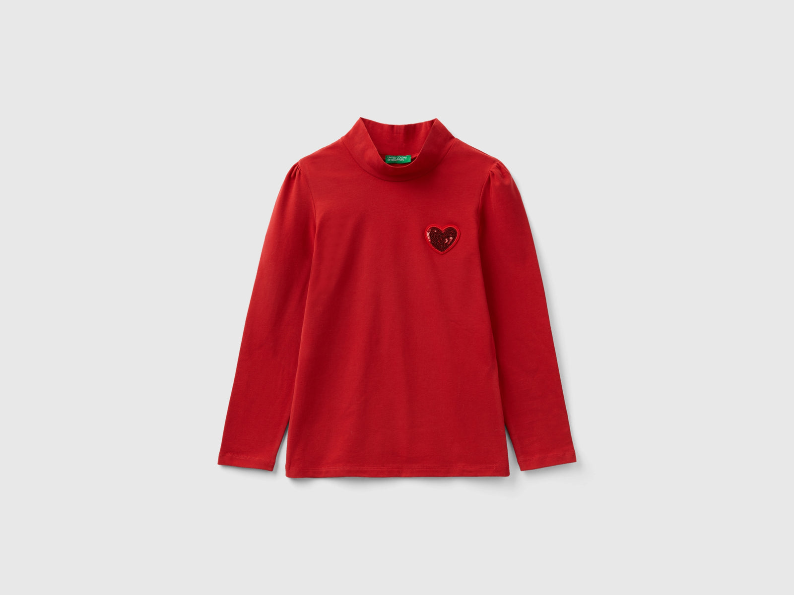 T-shirt lupetto con patch in paillettes da bambina rosso | Benetton Outlet
