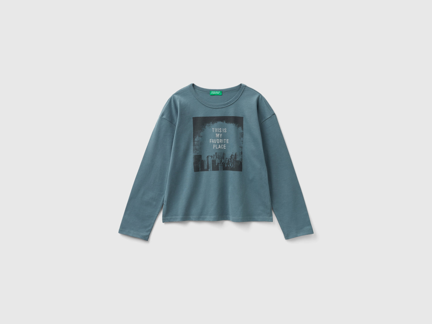 Maglietta con stampa e borchiette da bambina grigio scuro | Benetton Outlet