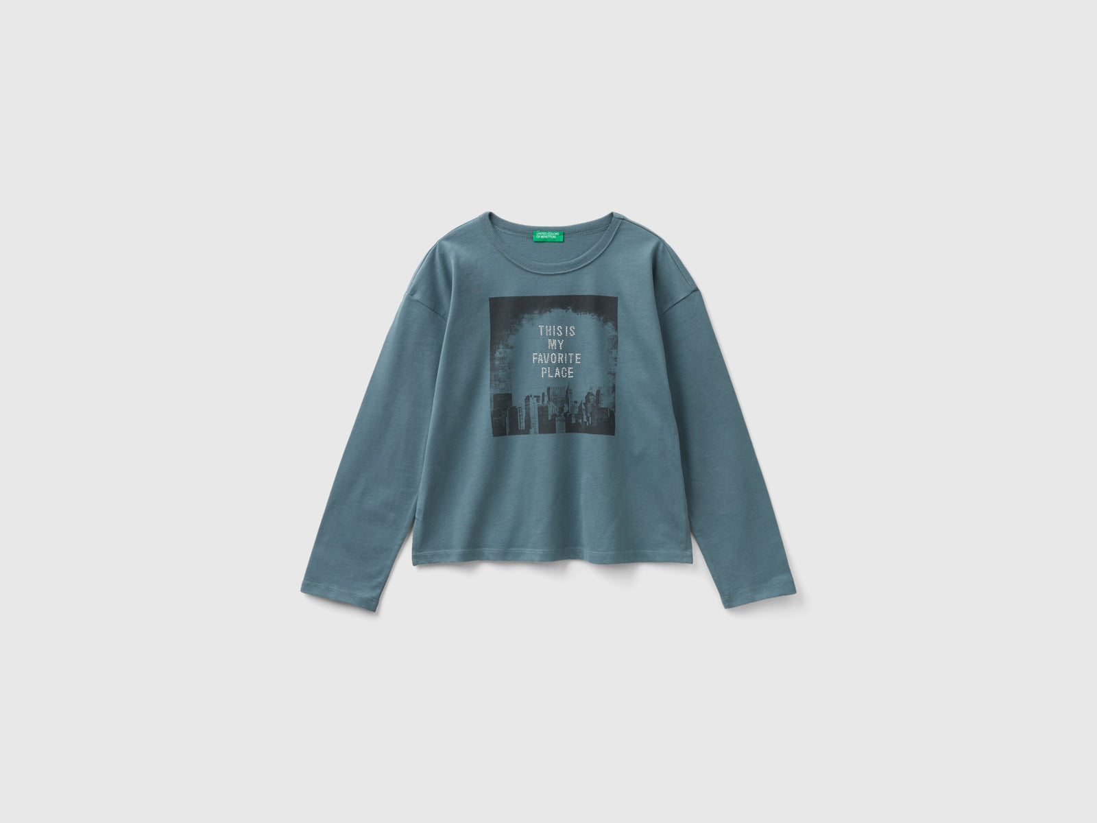 Maglietta con stampa e borchiette da bambina grigio scuro | Benetton Outlet