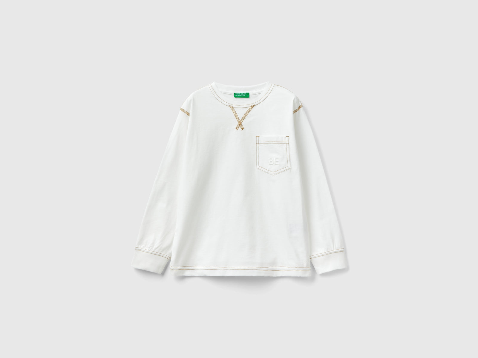 Maglietta con taschino in caldo cotone da bambino bianco panna | Benetton Outlet