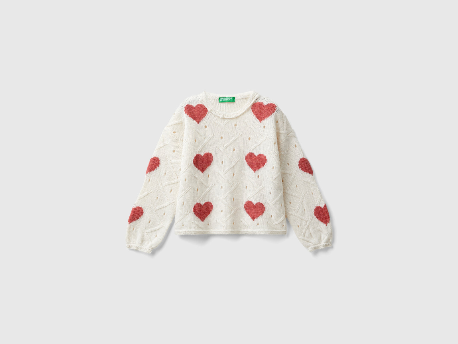Maglia con intarsio cuori da bimba bianco panna | Benetton Outlet