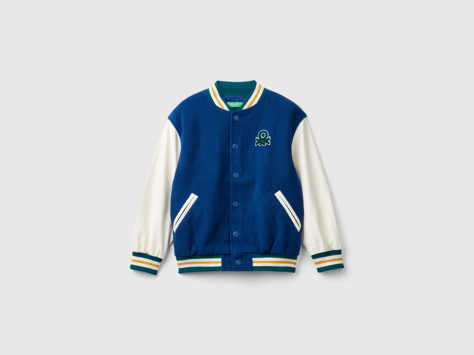 Bomber in misto lana con ricamo sul retro da bambino blu | Benetton Outlet