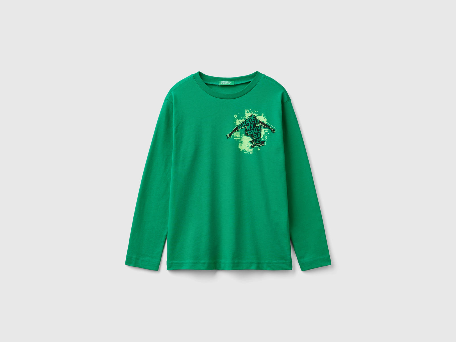 Maglietta manica lunga con stampa da bambino verde | Benetton Outlet