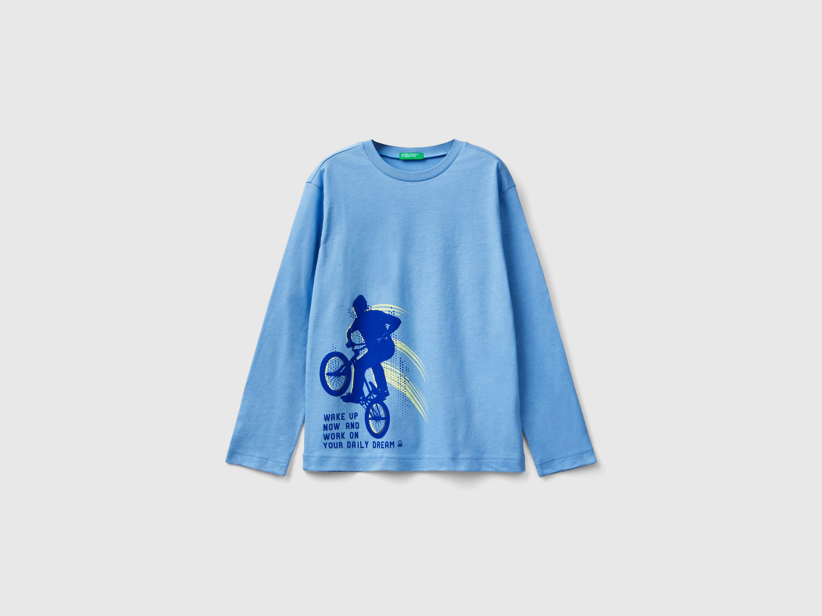 Maglietta manica lunga con stampa da bambino azzurro | Benetton Outlet