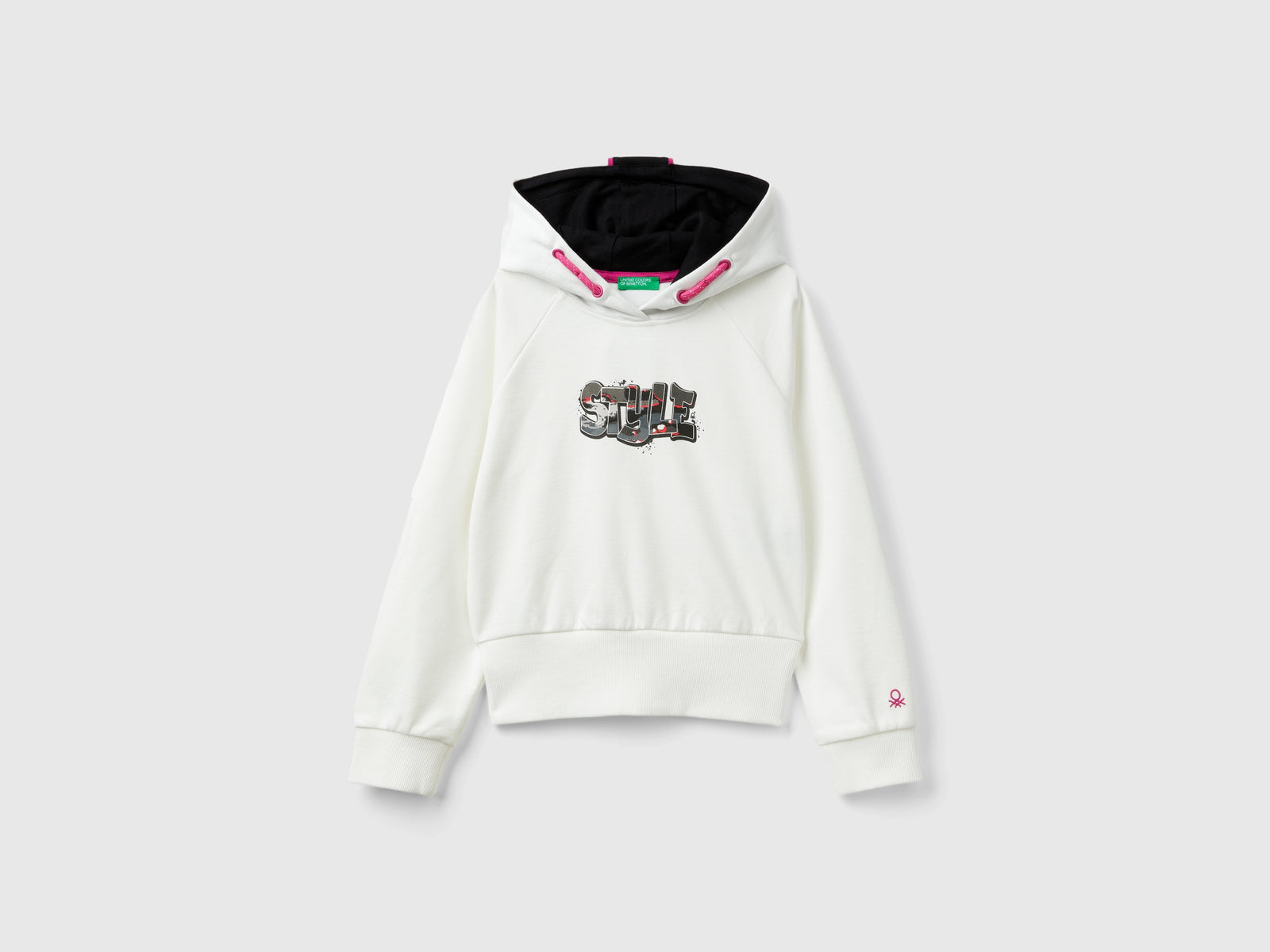 Felpa con stampa e cappuccio da bambina bianco panna | Benetton Outlet