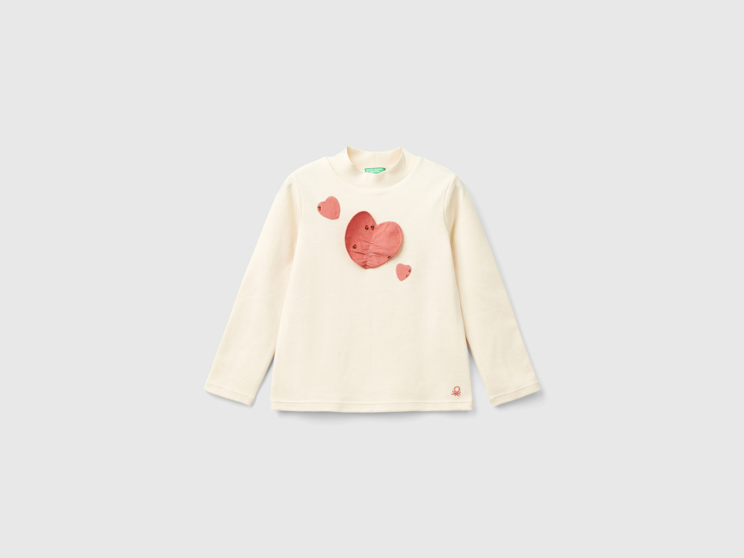 T-shirt lupetto con patch cuori da bimba bianco panna | Benetton Outlet