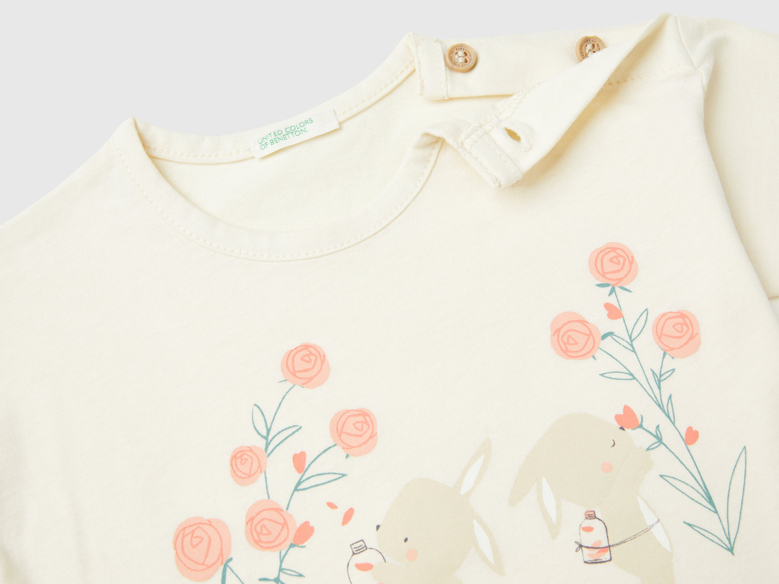 Maglietta con stampa in cotone bio da neonato bianco panna 3 | Benetton Outlet