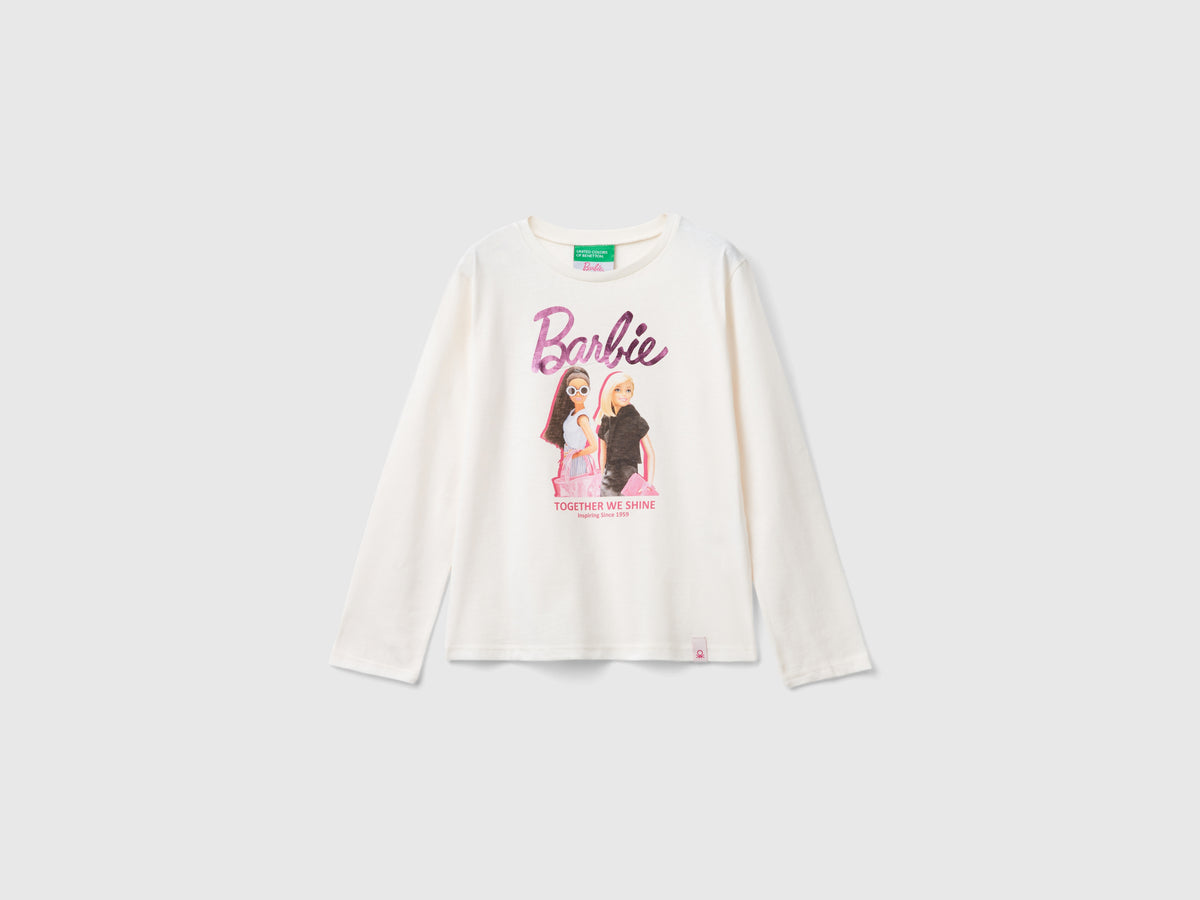 T-shirt panna con stampa laminata Barbie