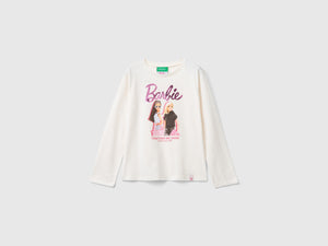 T-shirt panna con stampa laminata Barbie