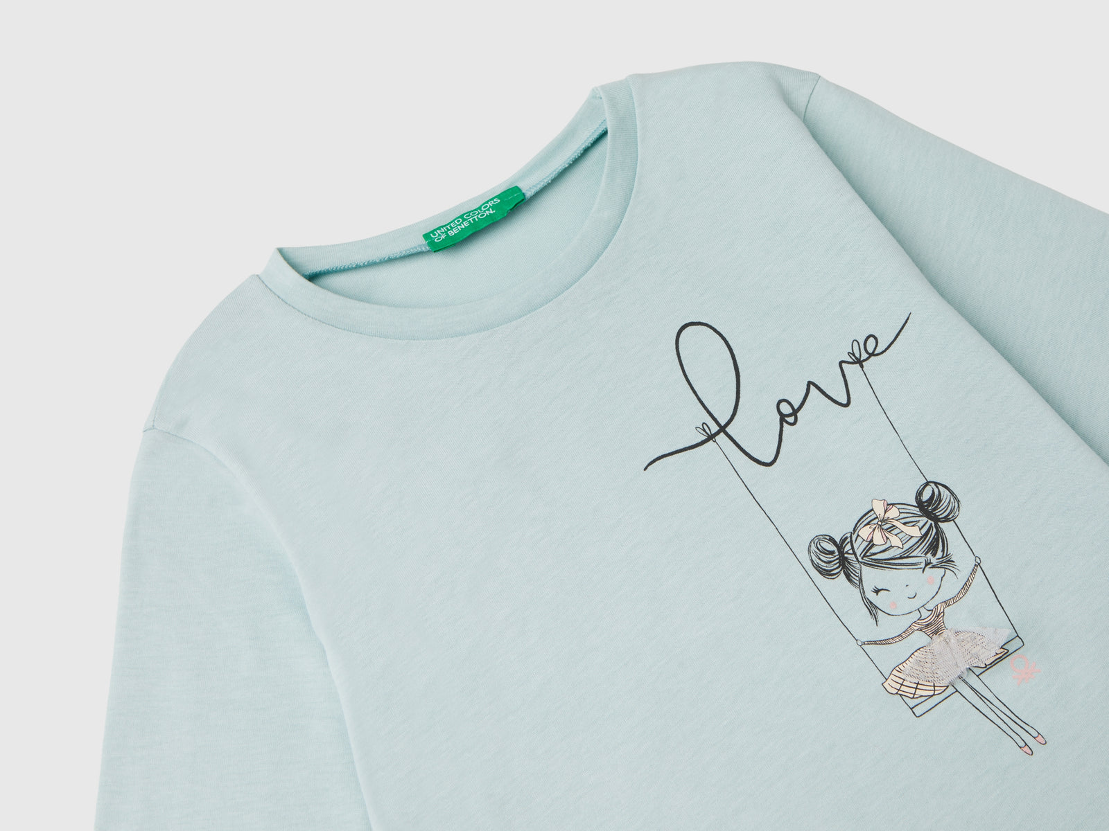 Maglietta con stampa e applicazione tulle da bimba verde acqua 3 | Benetton Outlet