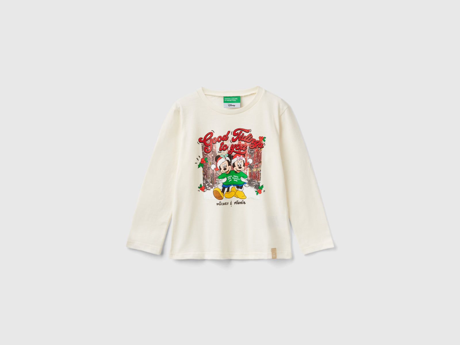 Maglietta natalizia Minnie e Topolino da bimba bianco panna | Benetton Outlet