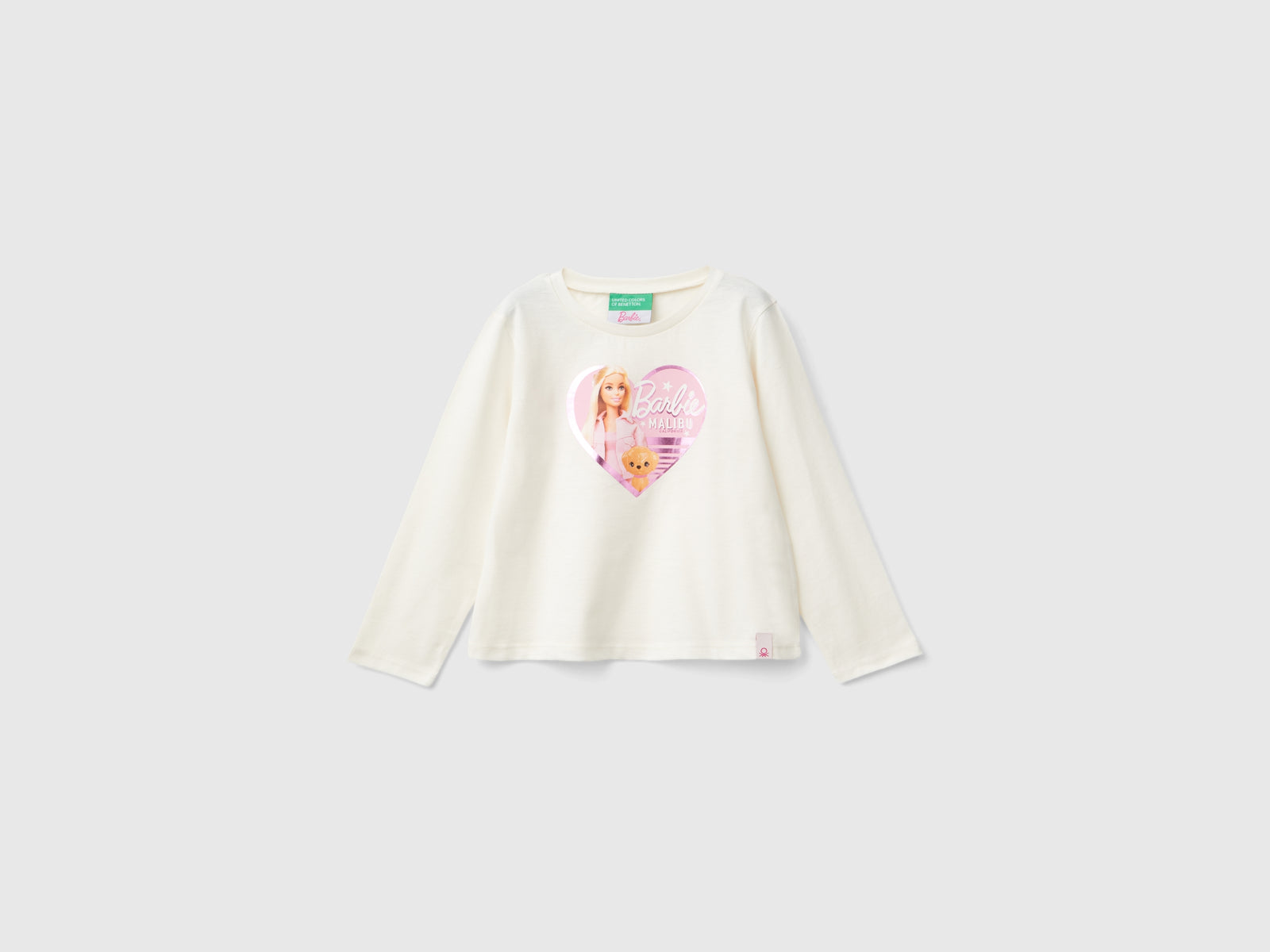 T-shirt panna con stampa laminata Barbie da bimba bianco panna | Benetton Outlet