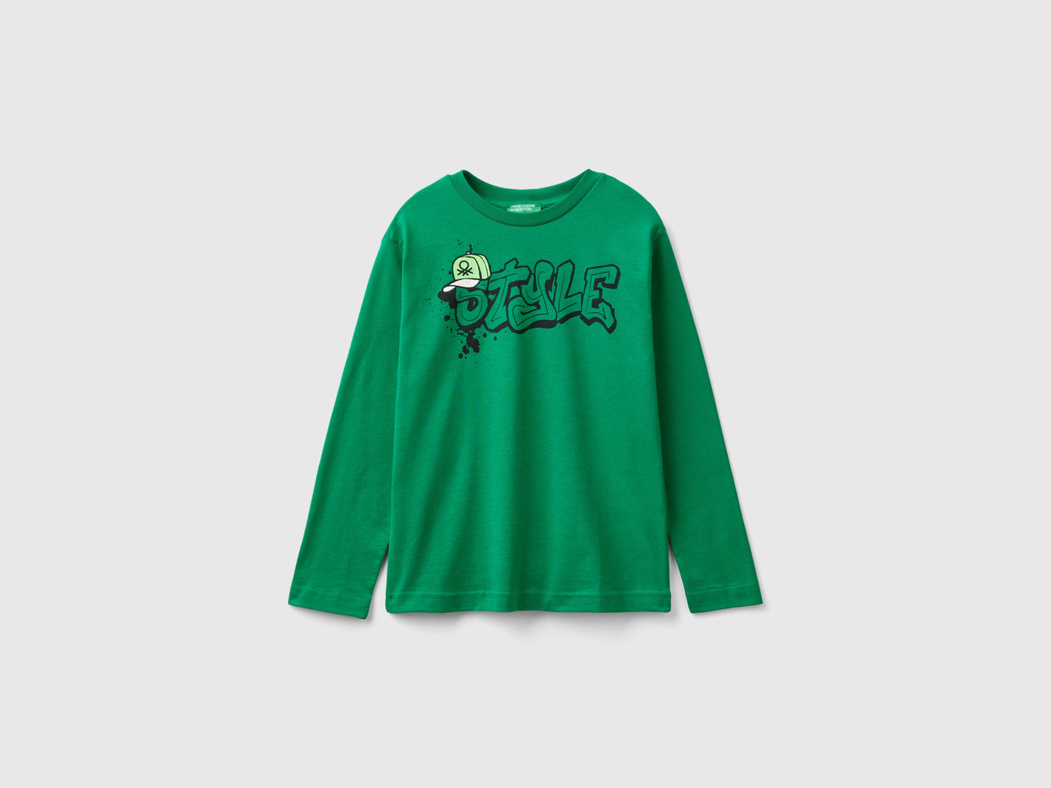 T-shirt manica lunga in cotone bio da bambino verde | Benetton Outlet