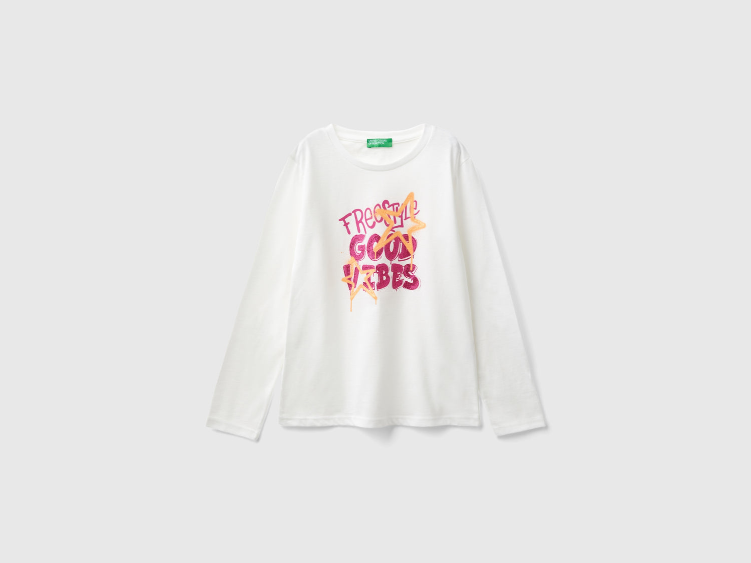 T-shirt manica lunga in cotone bio da bambina bianco panna | Benetton Outlet