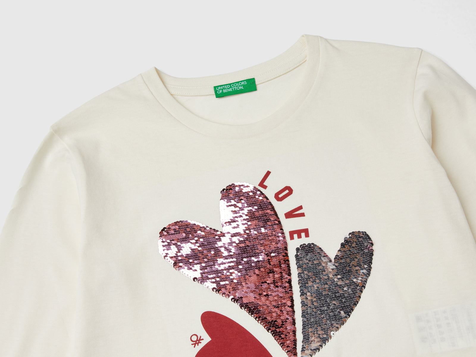 Camiseta de lentejuelas de algodón orgánico da bambina bianco panna 3 | Benetton Outlet