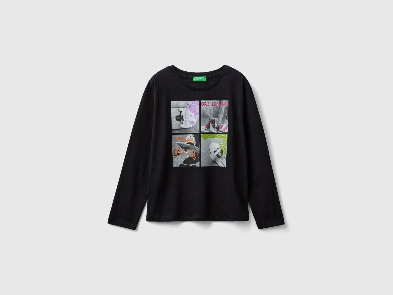 T-shirt con stampa fotografica e glitter da bambina nero | Benetton Outlet
