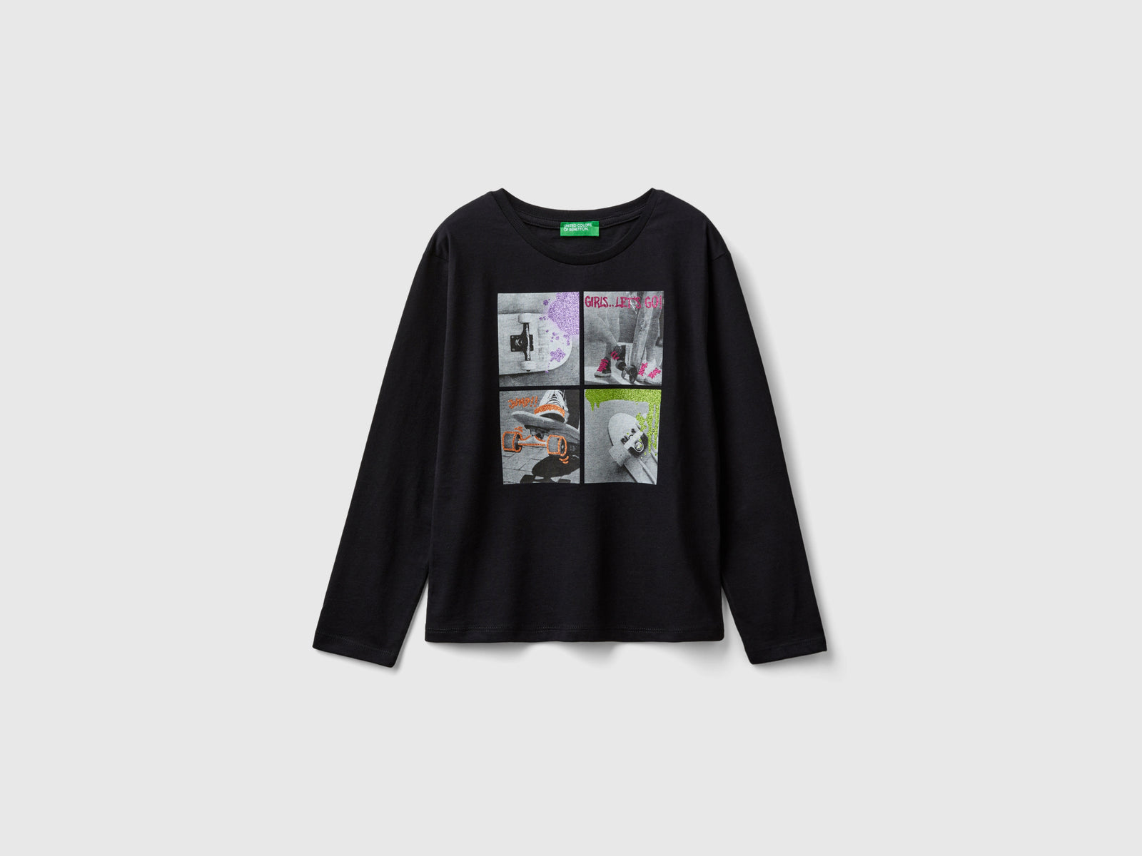 T-shirt con stampa fotografica e glitter da bambina nero | Benetton Outlet