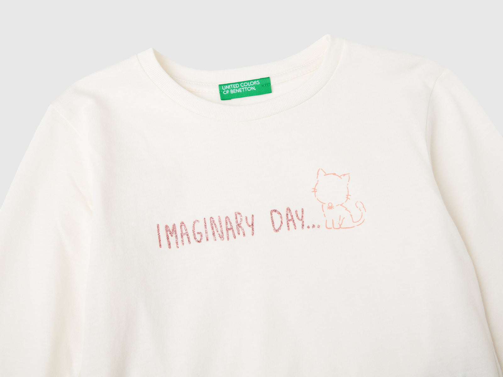 Maglietta stampa glitter in cotone bio da bimba bianco panna 3 | Benetton Outlet