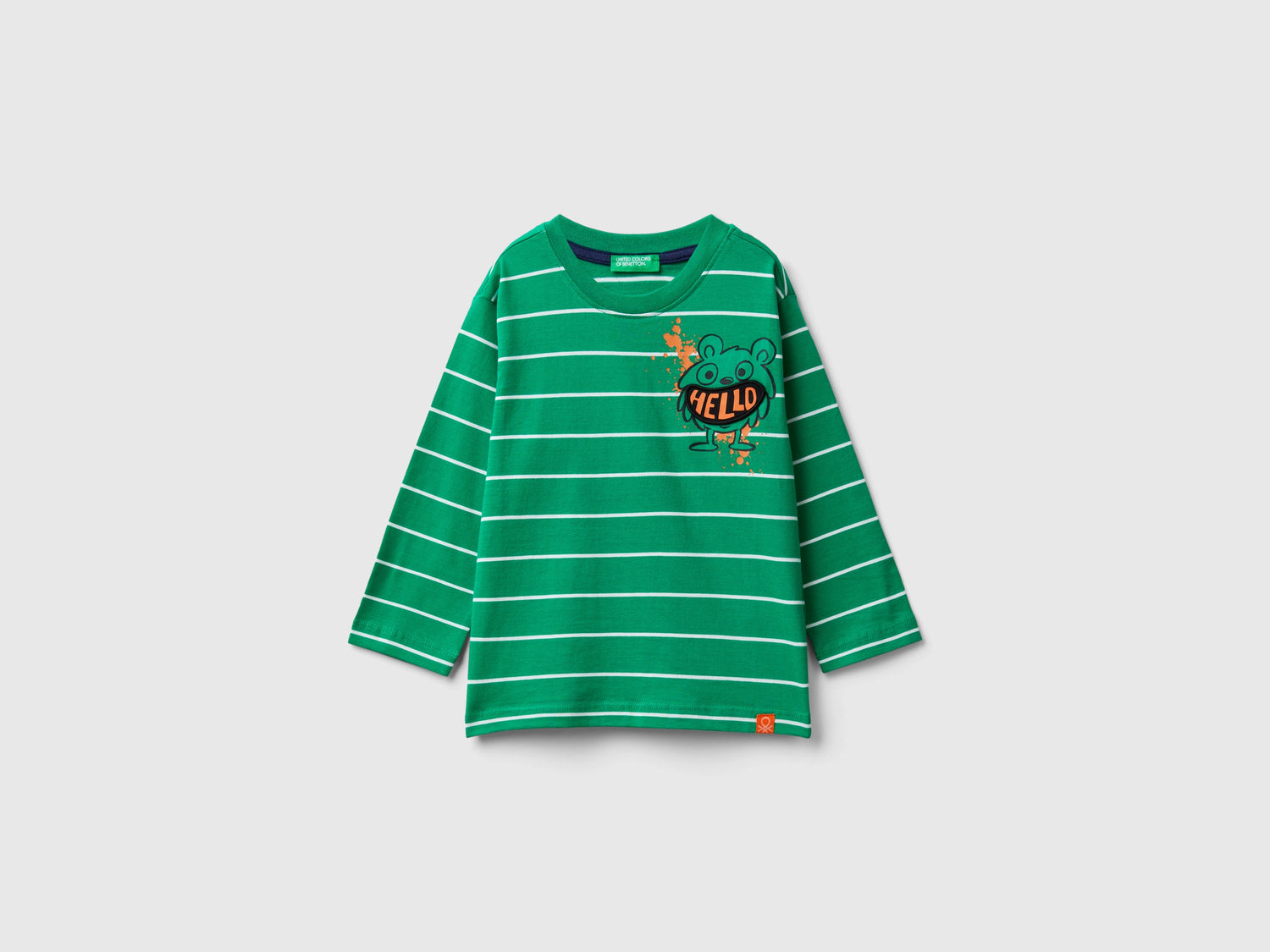 T-shirt a righe con applicazione da bimbo verde | Benetton Outlet
