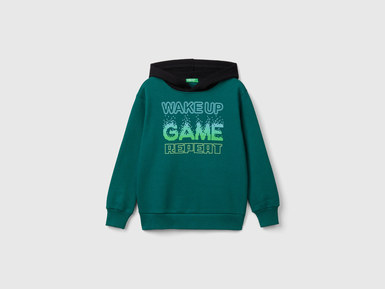 Felpa con cappuccio e stampa da bambino verde scuro | Benetton Outlet