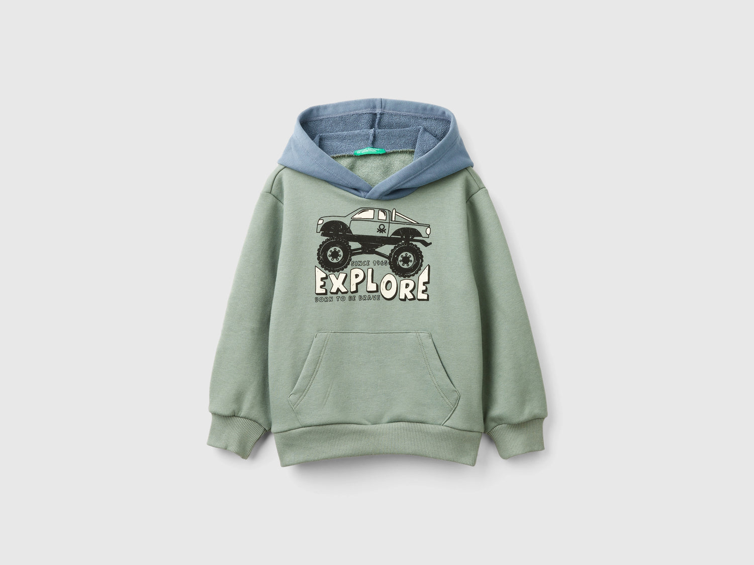 Felpa con cappuccio e stampa da bimbo verde chiaro | Benetton Outlet