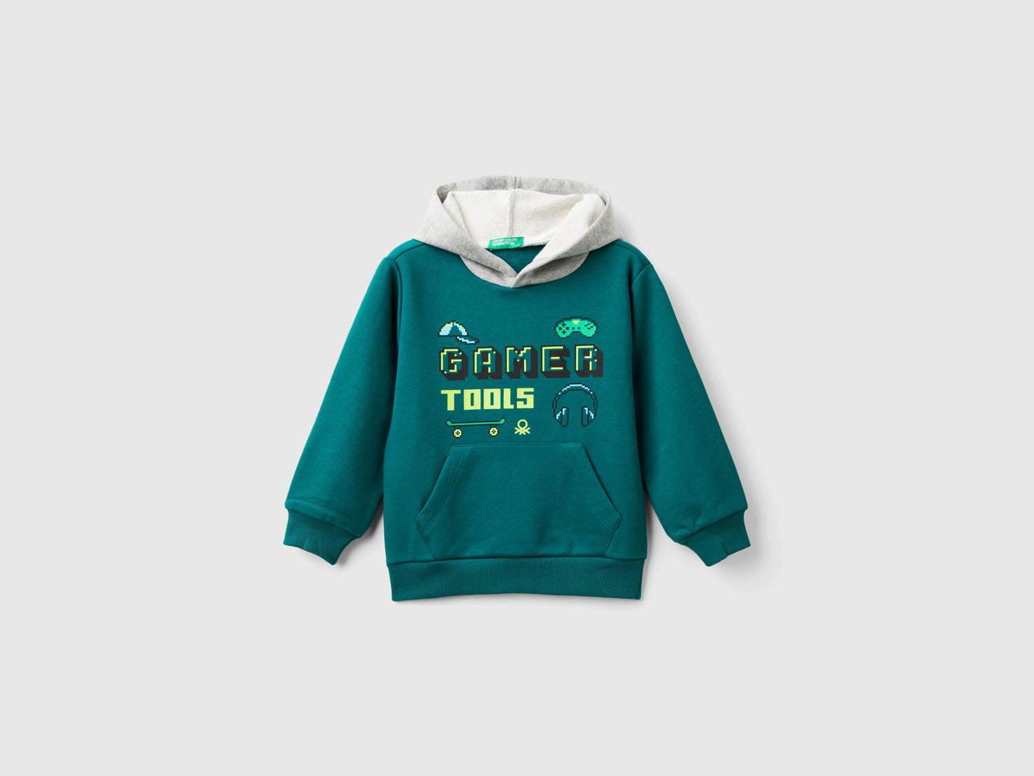 Felpa con cappuccio e stampa da bimbo verde scuro | Benetton Outlet