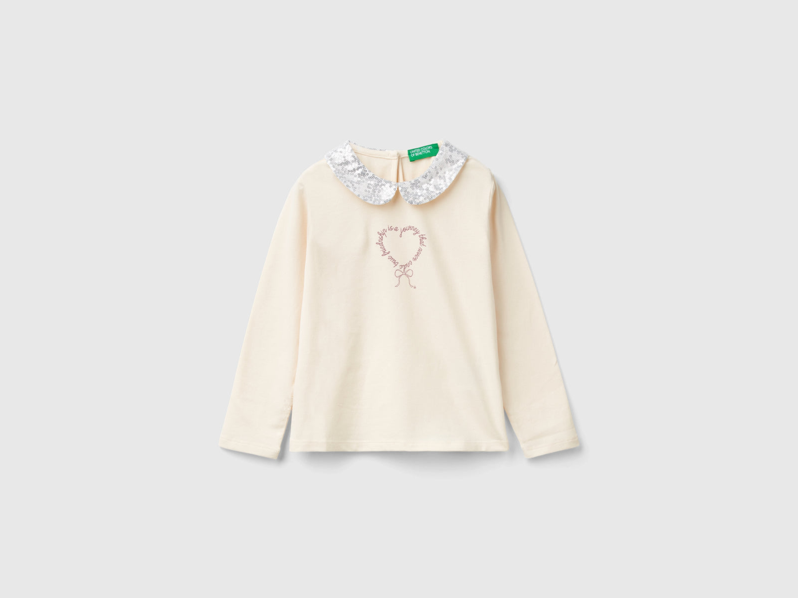 Maglietta con colletto paillettes da bimba bianco panna | Benetton Outlet