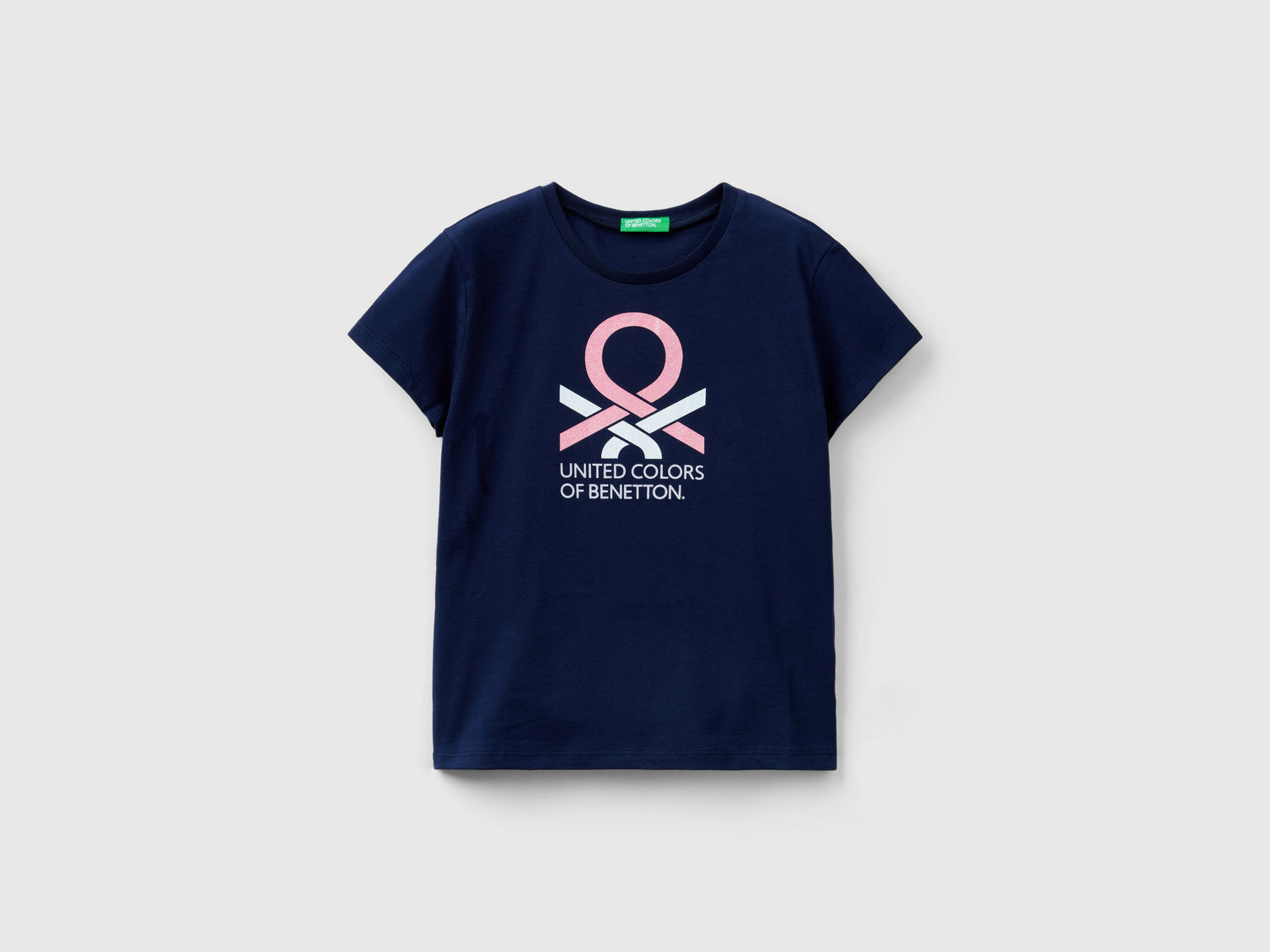 T-shirt con logo glitter in cotone bio da bambina blu scuro | Benetton Outlet