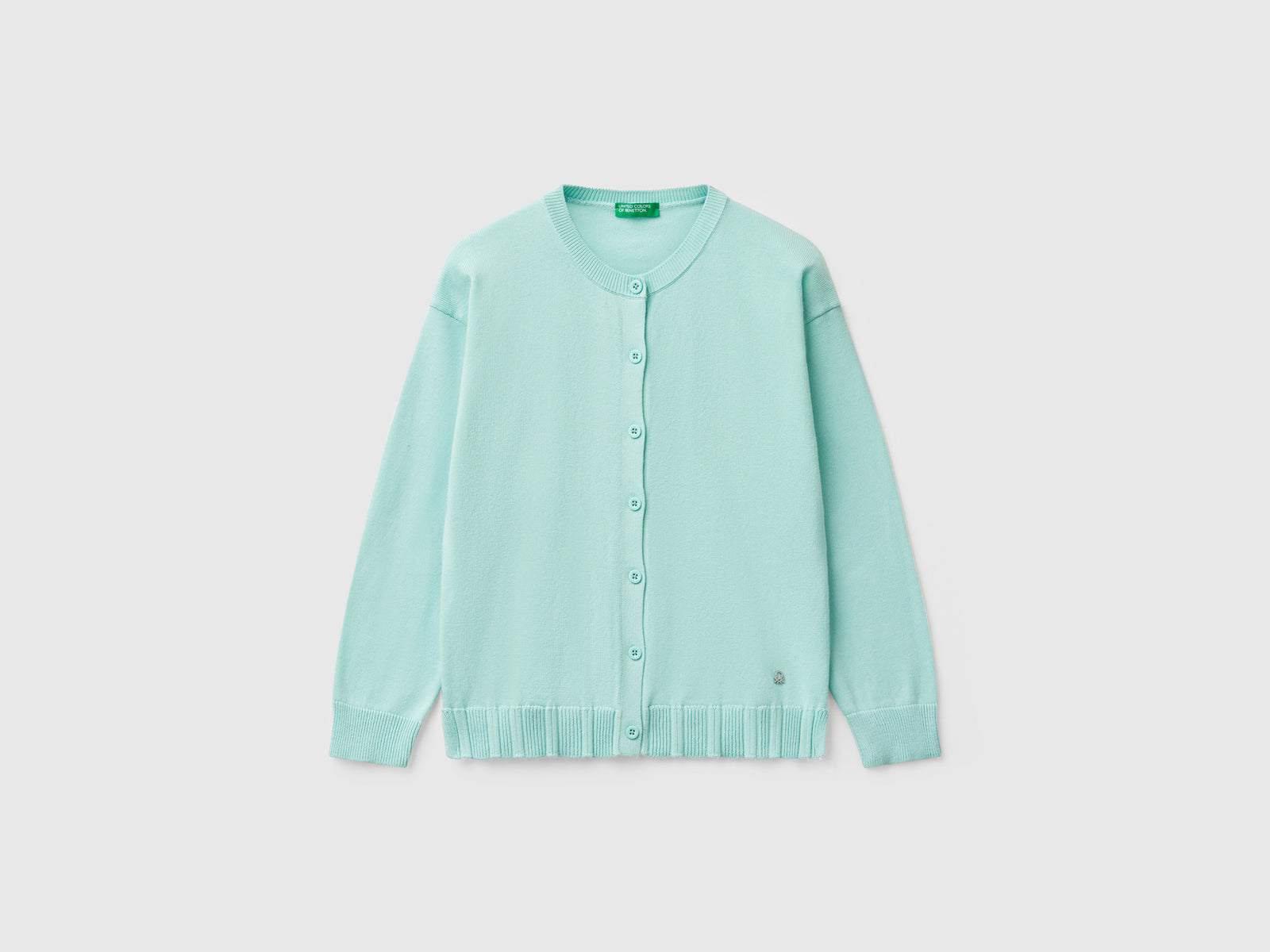 Cardigan girocollo in puro cotone da bambina verde acqua | Benetton Outlet