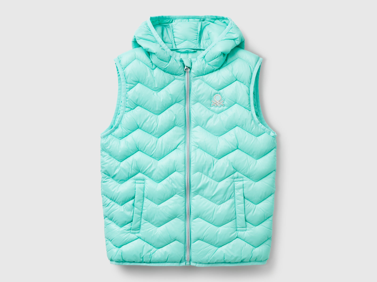 Gilet imbottito con cappuccio da bambina verde acqua | Benetton Outlet