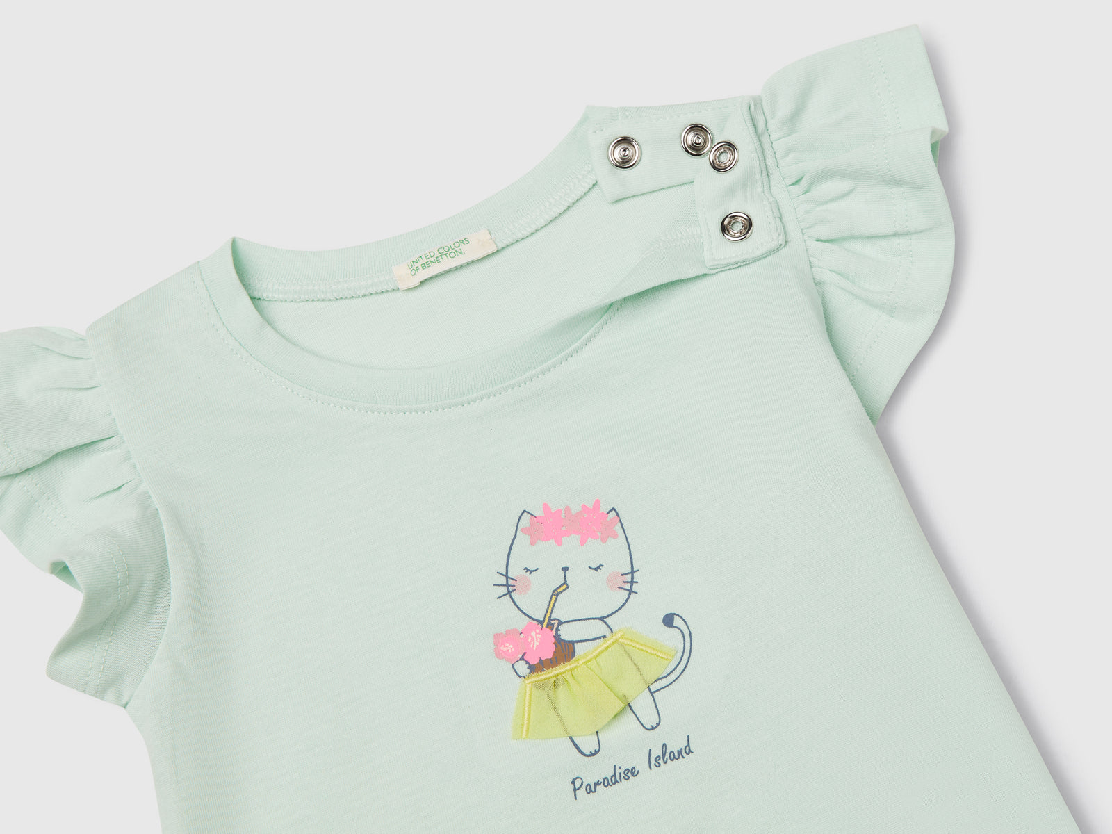Maglietta con stampa e applicazione da neonato verde acqua 3 | Benetton Outlet