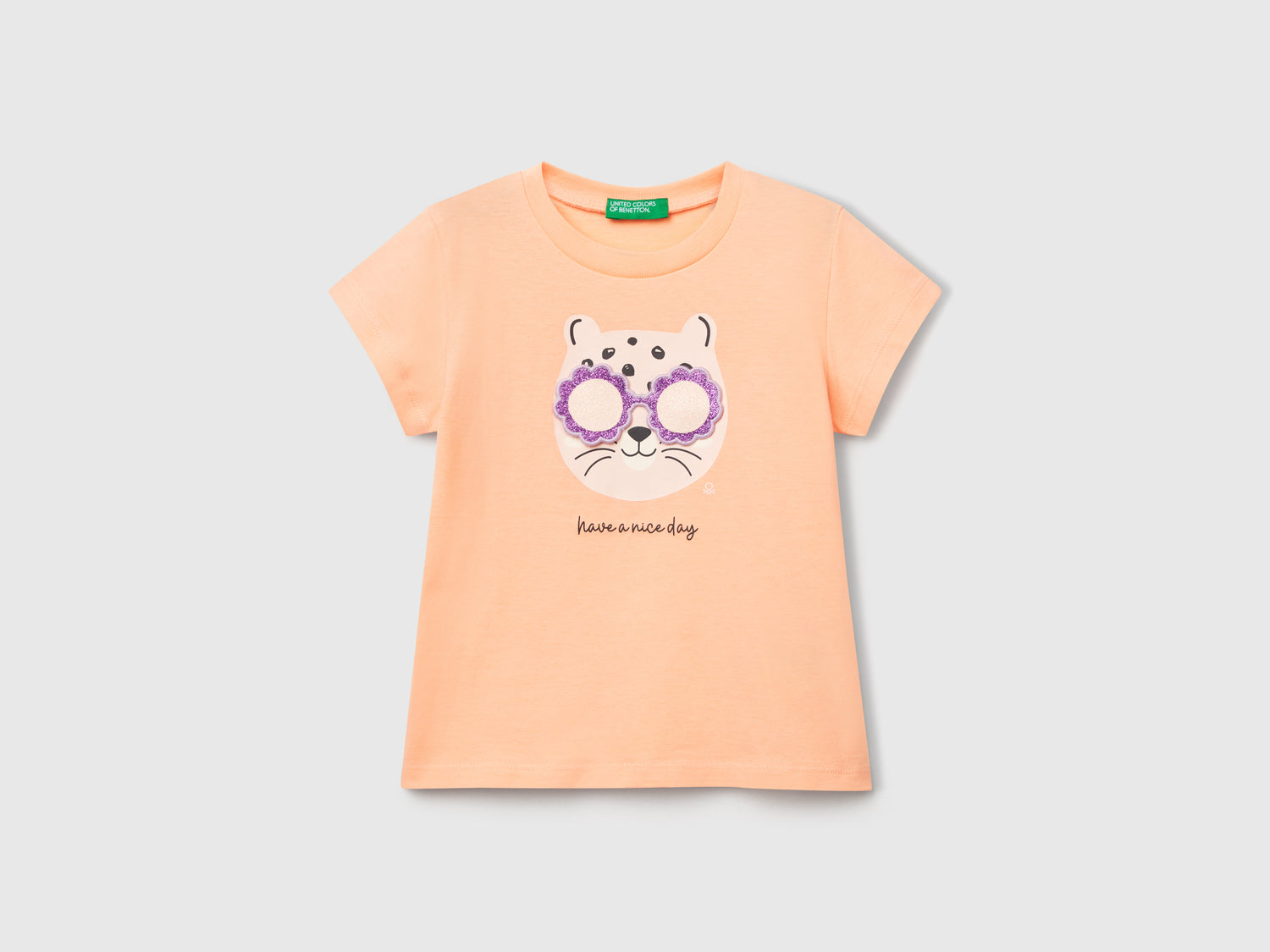 Maglietta con stampa e applicazione da bimba pesca | Benetton Outlet