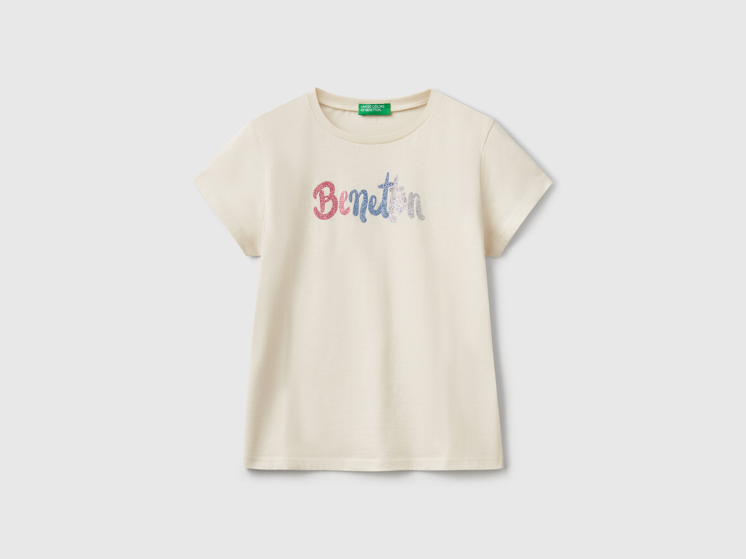 T-shirt con logo glitter in cotone da bambina beige | Benetton Outlet