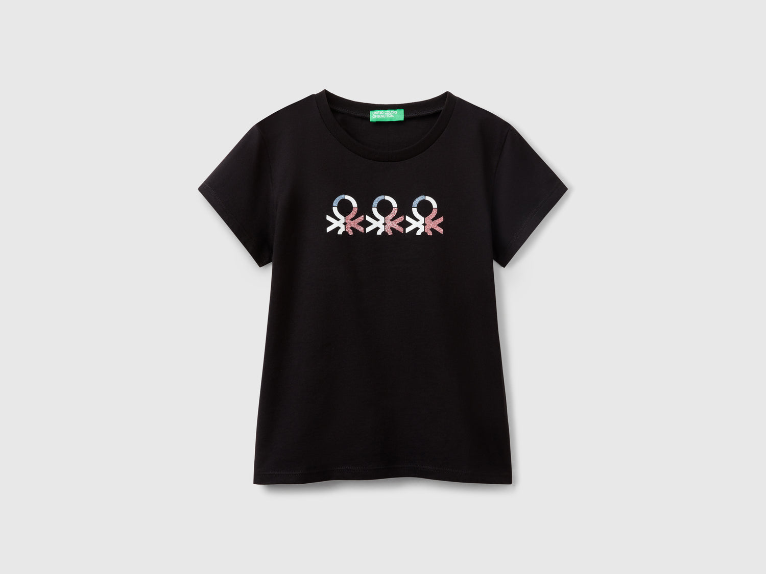 T-shirt con logo glitter in cotone da bambina nero | Benetton Outlet
