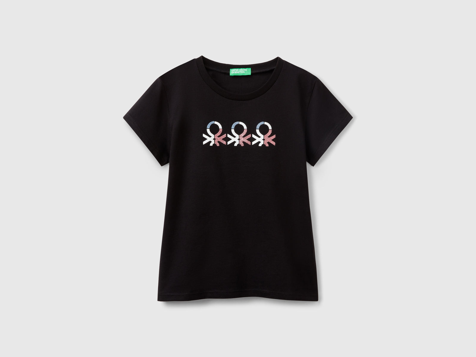 T-shirt con logo glitter in cotone da bambina nero | Benetton Outlet
