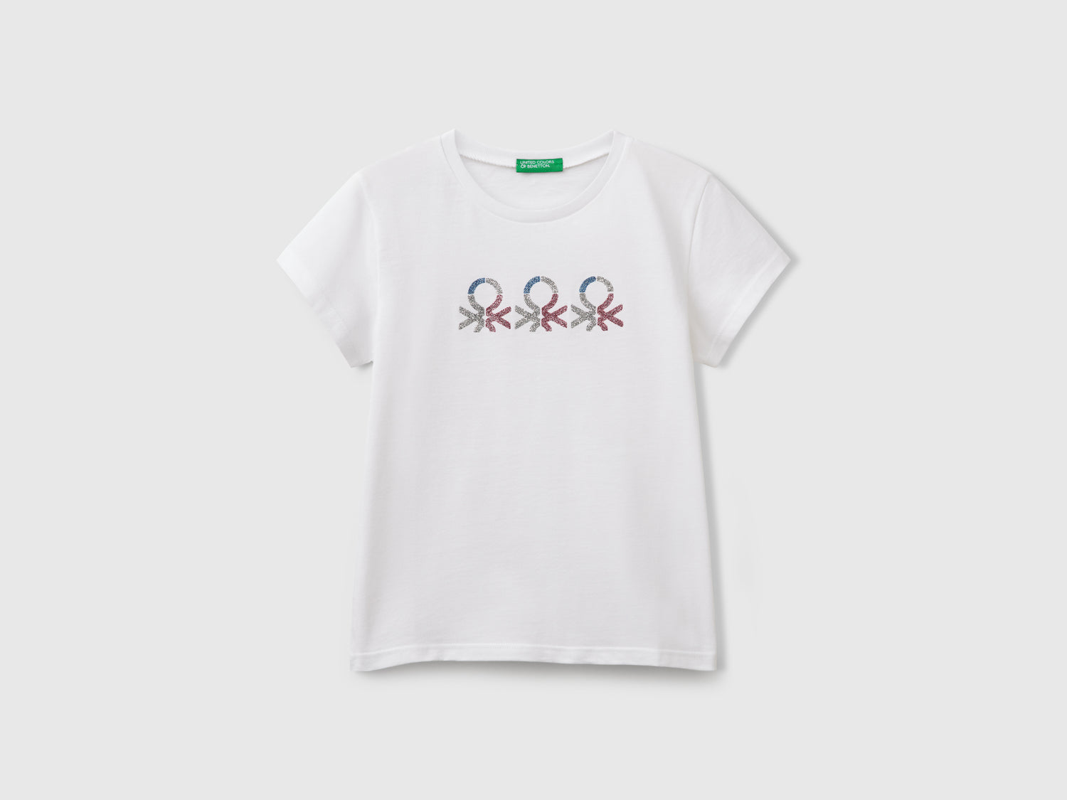 T-shirt con logo glitter in cotone da bambina bianco | Benetton Outlet