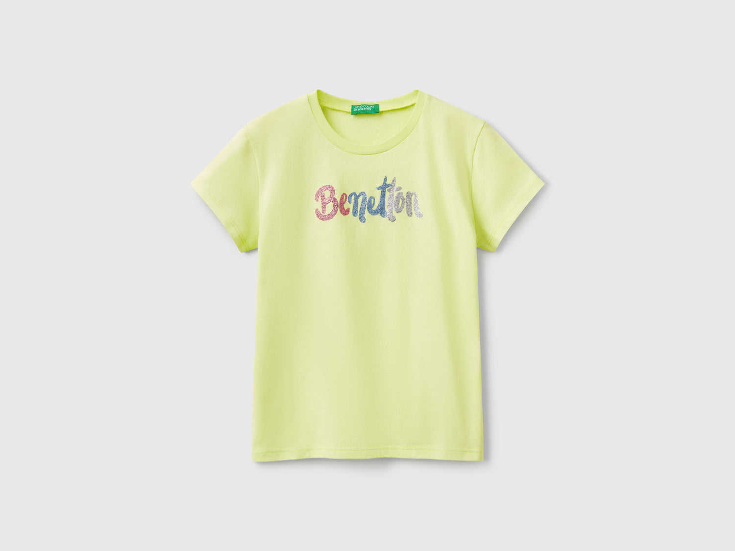 T-shirt con logo glitter in cotone da bambina lime | Benetton Outlet