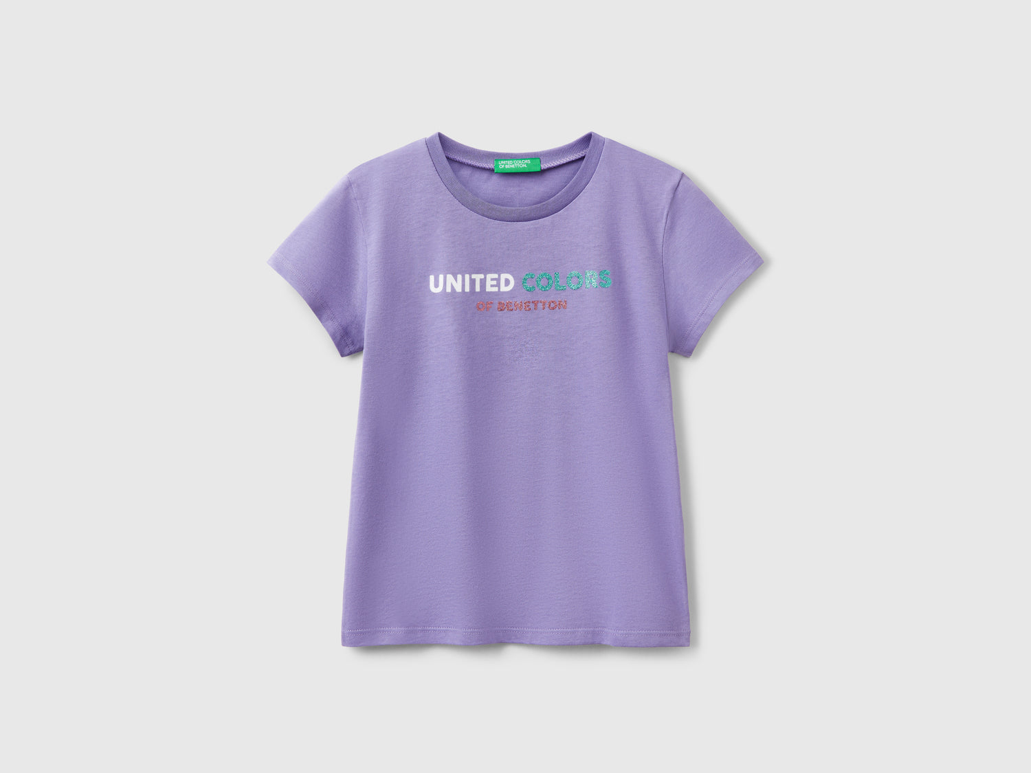 T-shirt con logo glitter in cotone da bambina pervinca | Benetton Outlet