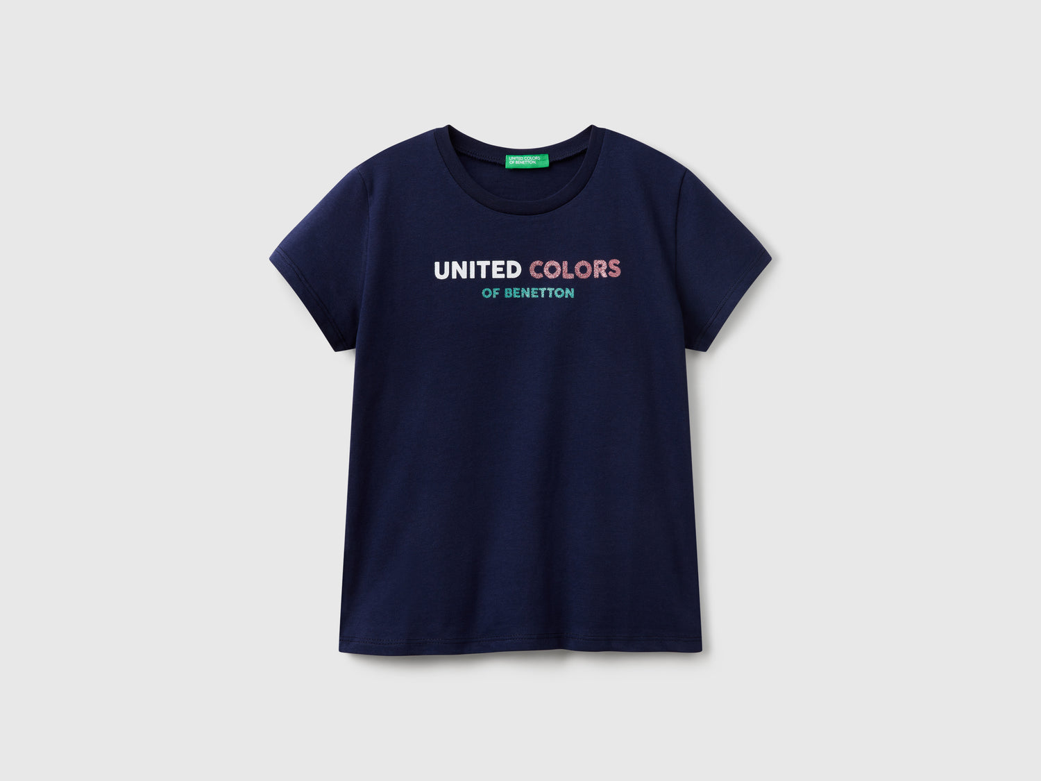 T-shirt con logo glitter in cotone da bambina blu scuro | Benetton Outlet