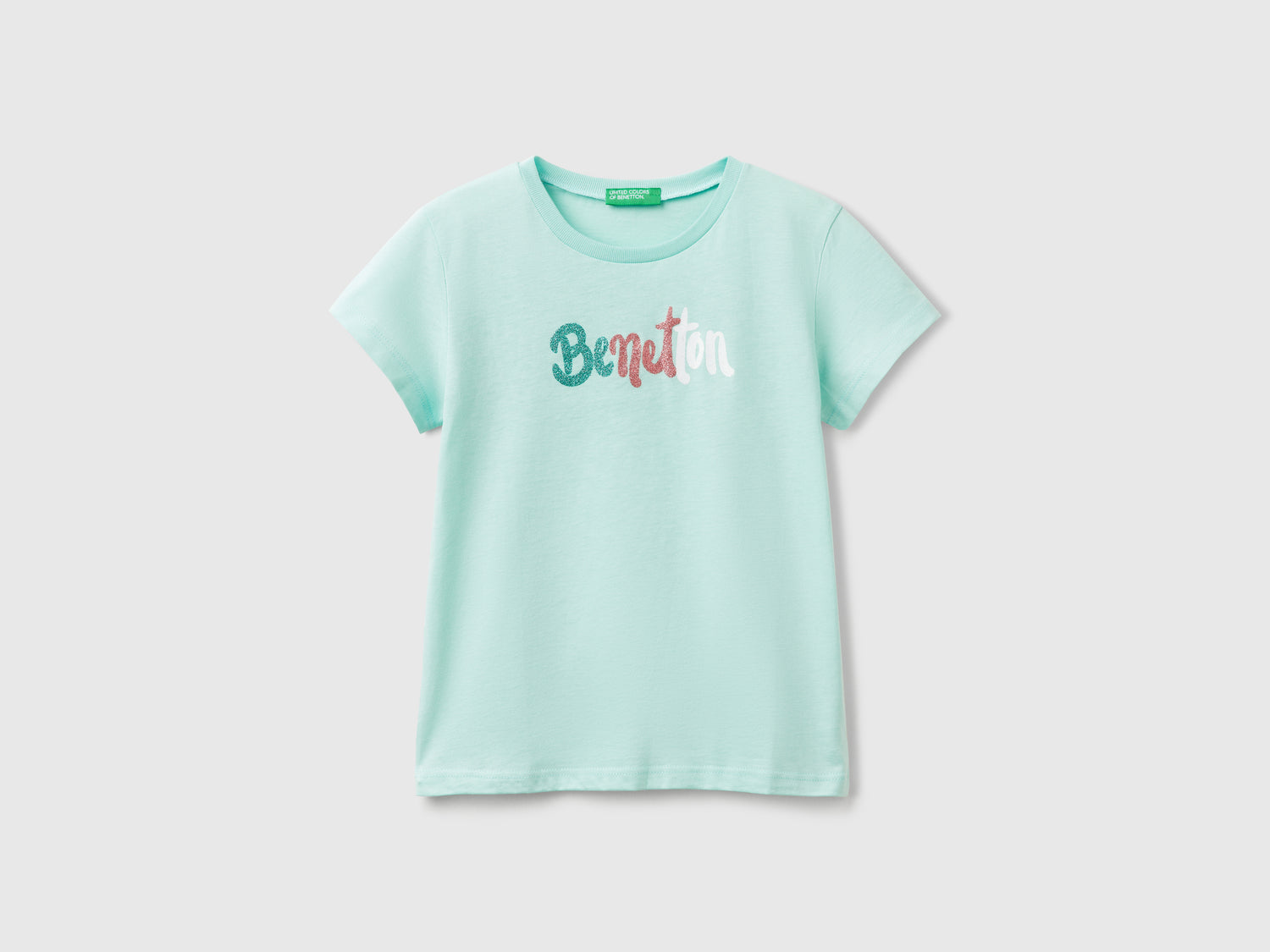 T-shirt con logo glitter in cotone da bambina verde acqua | Benetton Outlet