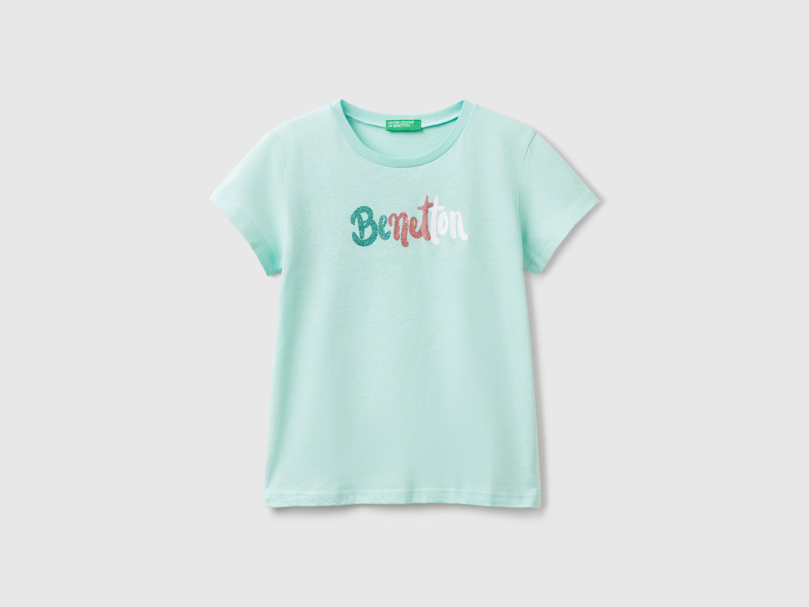 T-shirt con logo glitter in cotone da bambina verde acqua | Benetton Outlet