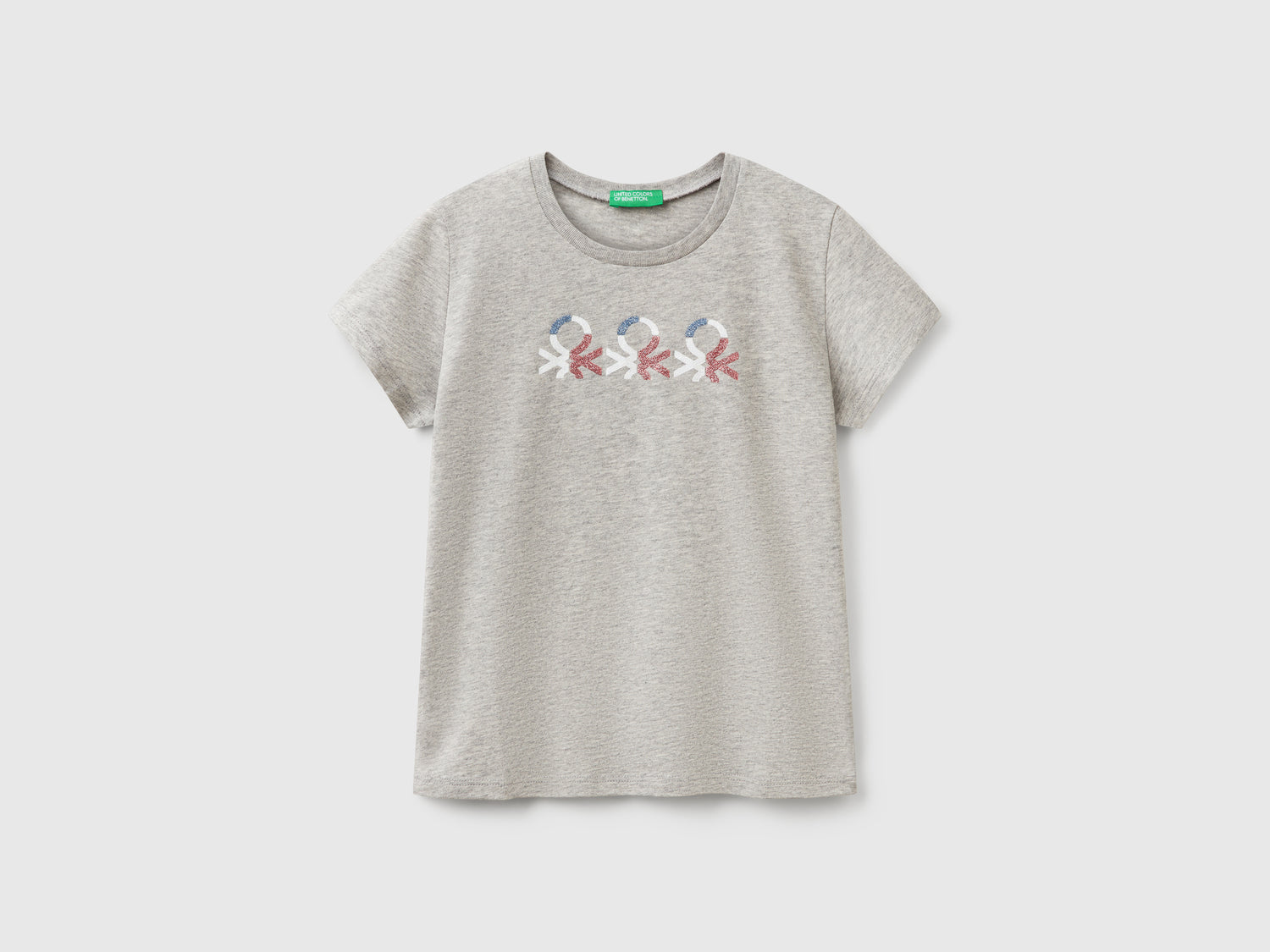 T-shirt con logo glitter in cotone da bambina grigio chiaro | Benetton Outlet