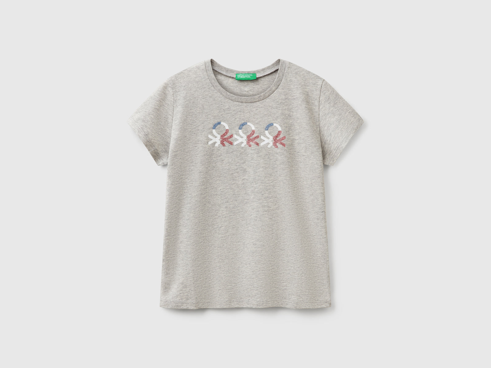 T-shirt con logo glitter in cotone da bambina grigio chiaro | Benetton Outlet