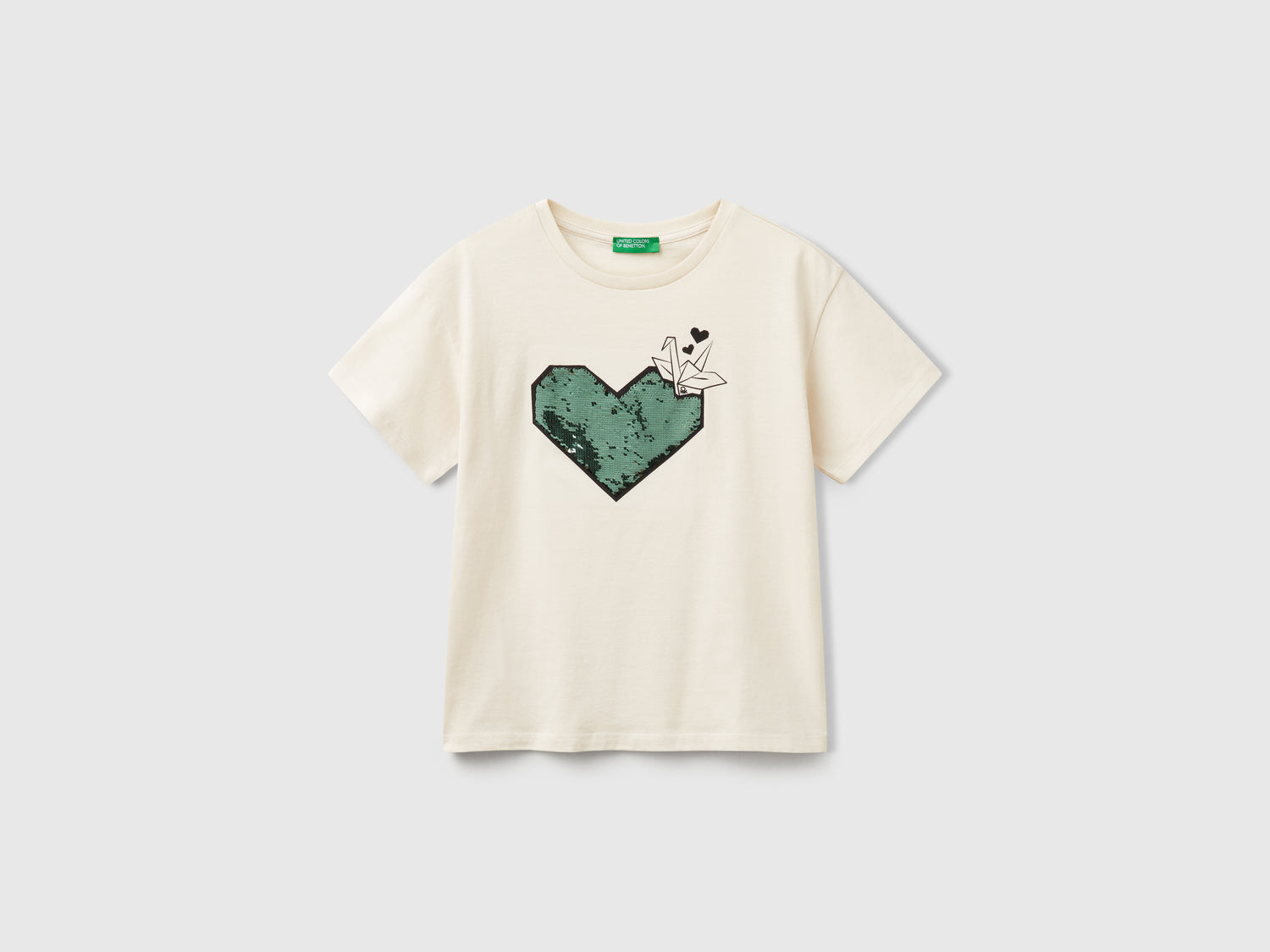 Maglietta con stampa e paillettes da bambina beige | Benetton Outlet