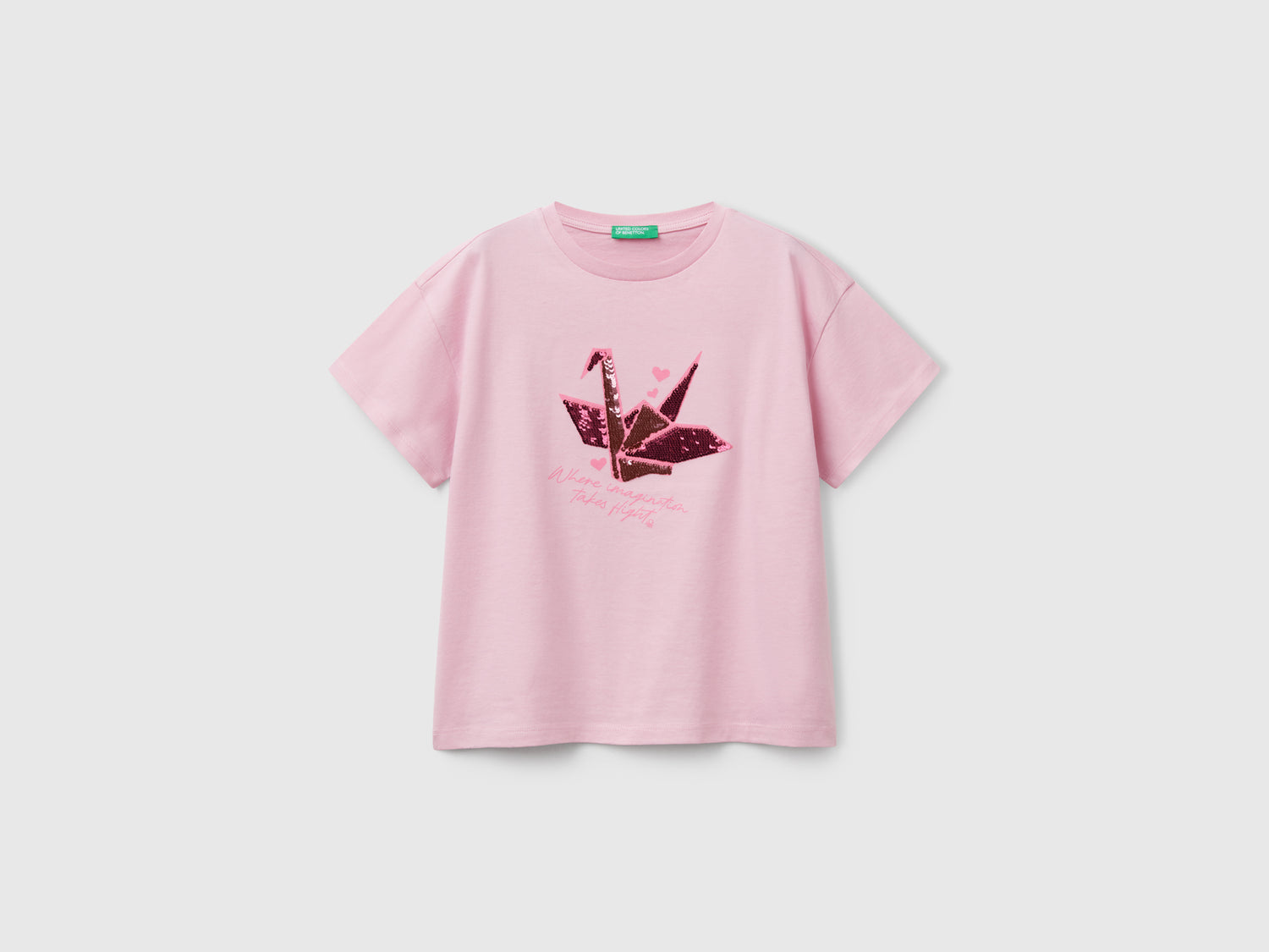 Maglietta con stampa e paillettes da bambina rosa | Benetton Outlet