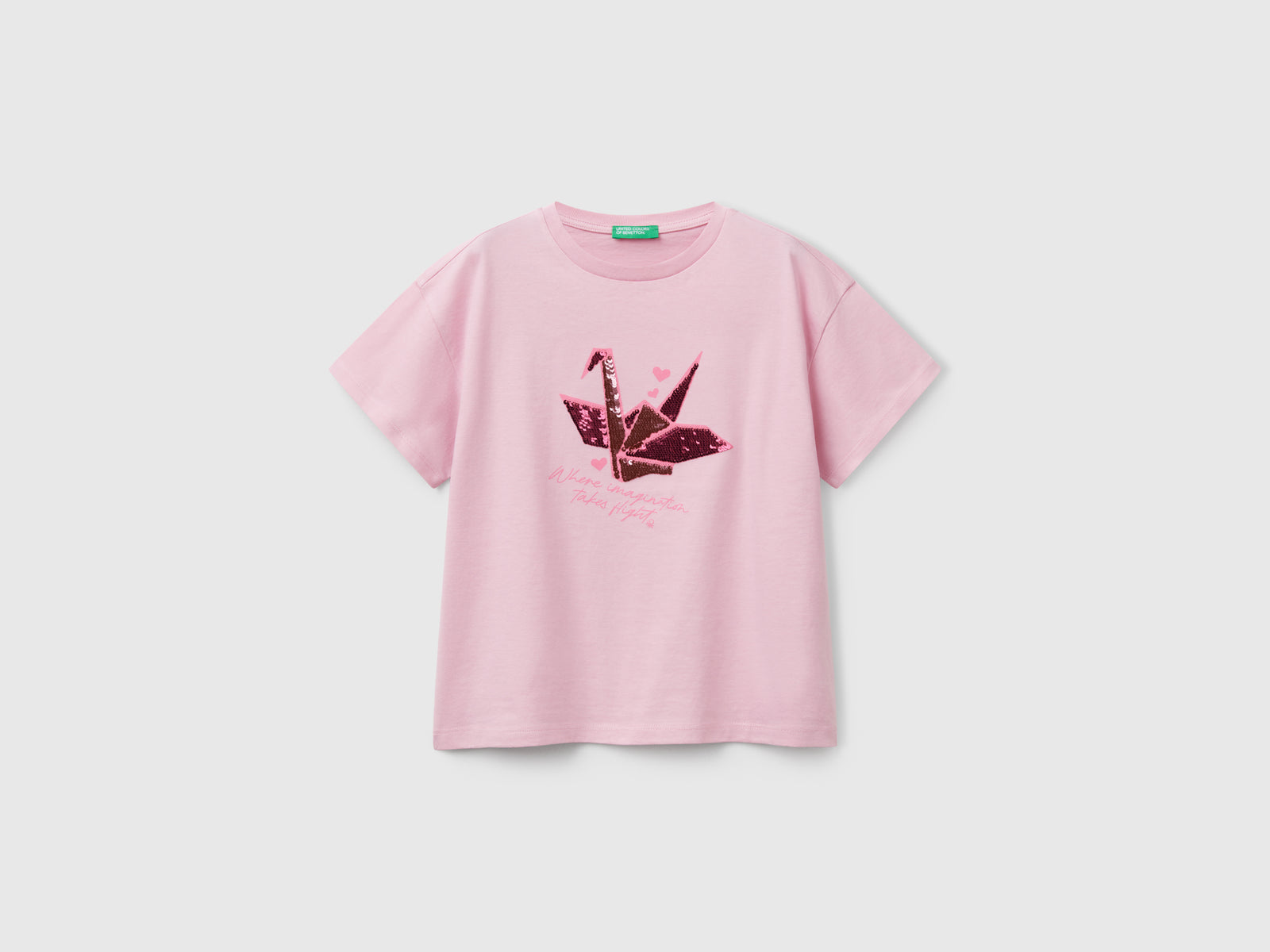 Maglietta con stampa e paillettes da bambina rosa | Benetton Outlet