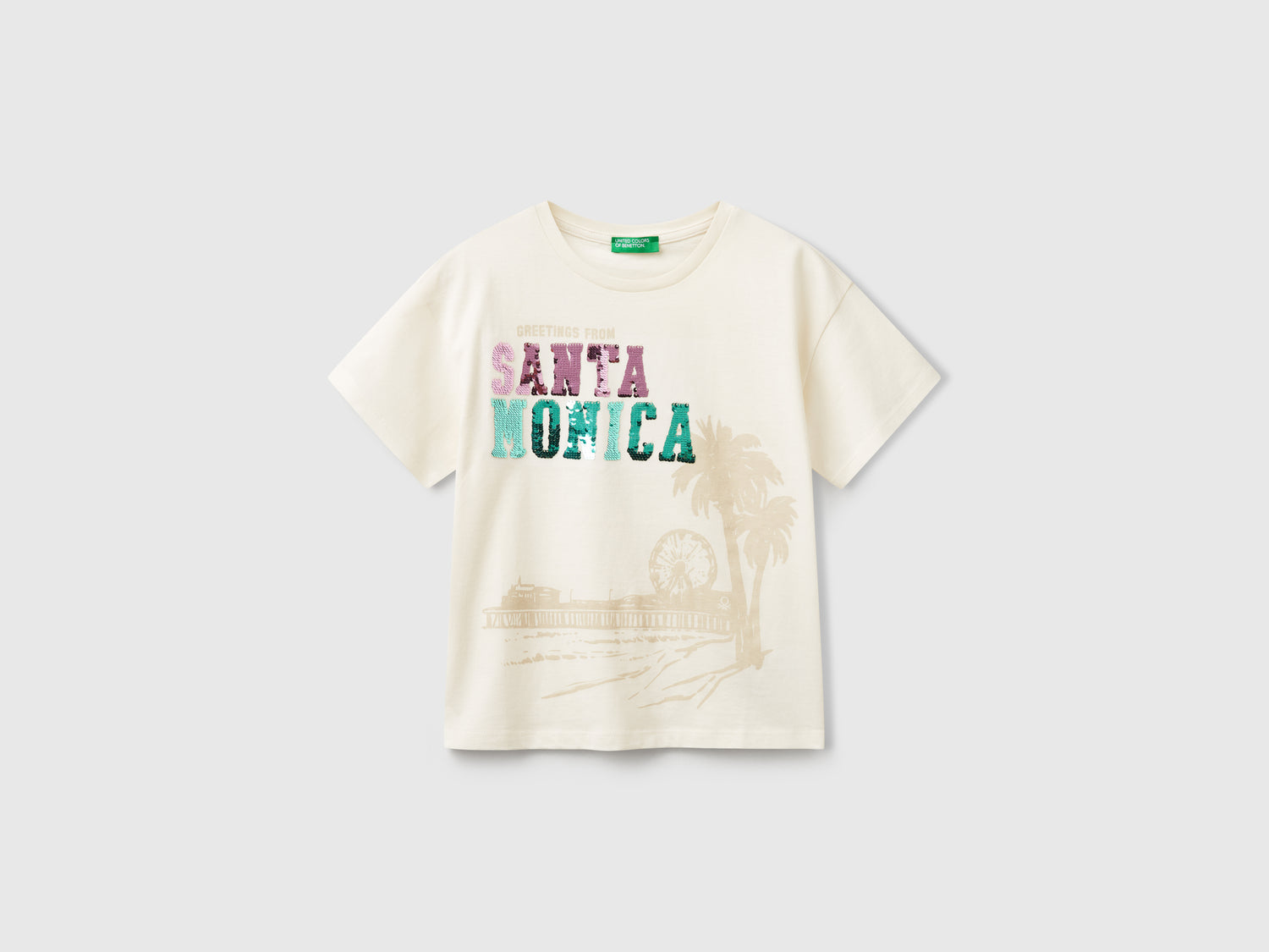 Maglietta con stampa e paillettes da bambina bianco panna | Benetton Outlet