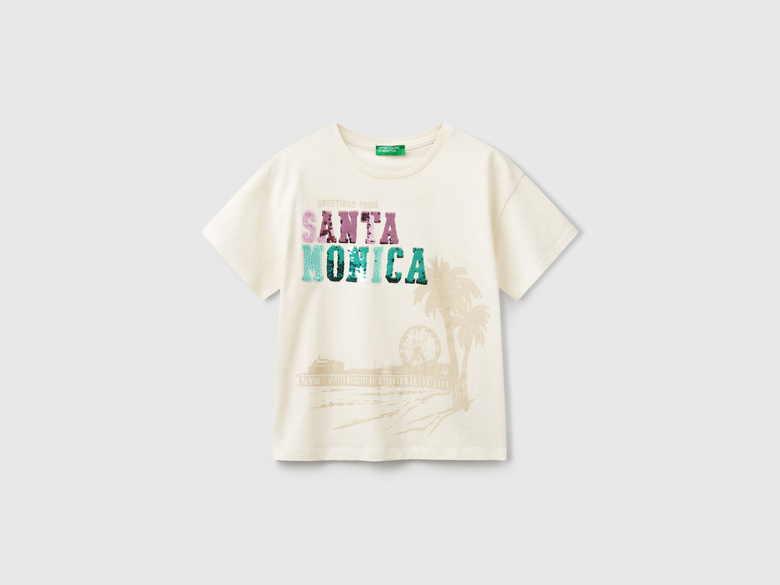 Maglietta con stampa e paillettes da bambina bianco panna | Benetton Outlet